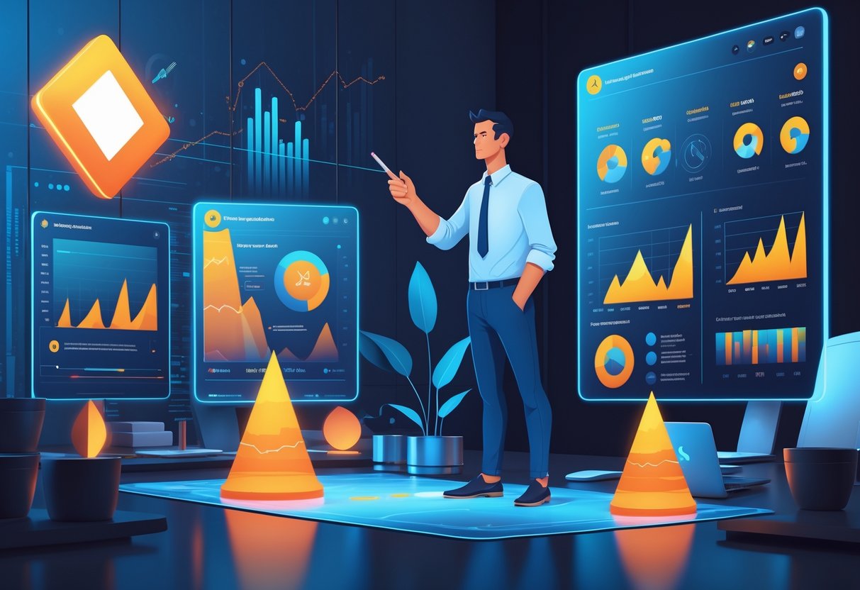 Seorang analis data sedang menunjuk layar digital dengan grafik dan diagram yang menunjukkan pola jackpot Blaze berdasarkan data pemain asli di dalam kantor modern.