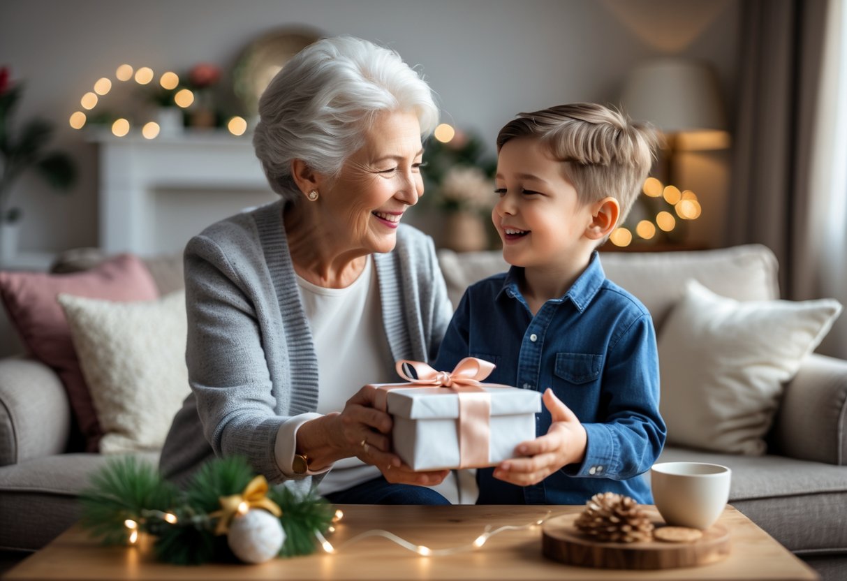 A grandmother giving a wrapped gift to her smiling young grandson in a cozy living room.