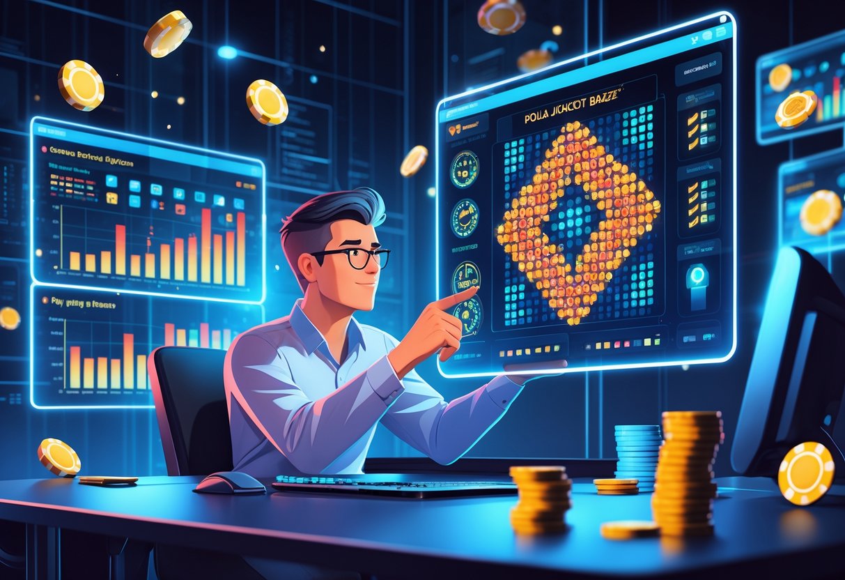 Seseorang sedang menganalisis data dan pola kemenangan jackpot di layar digital dalam ruangan modern.