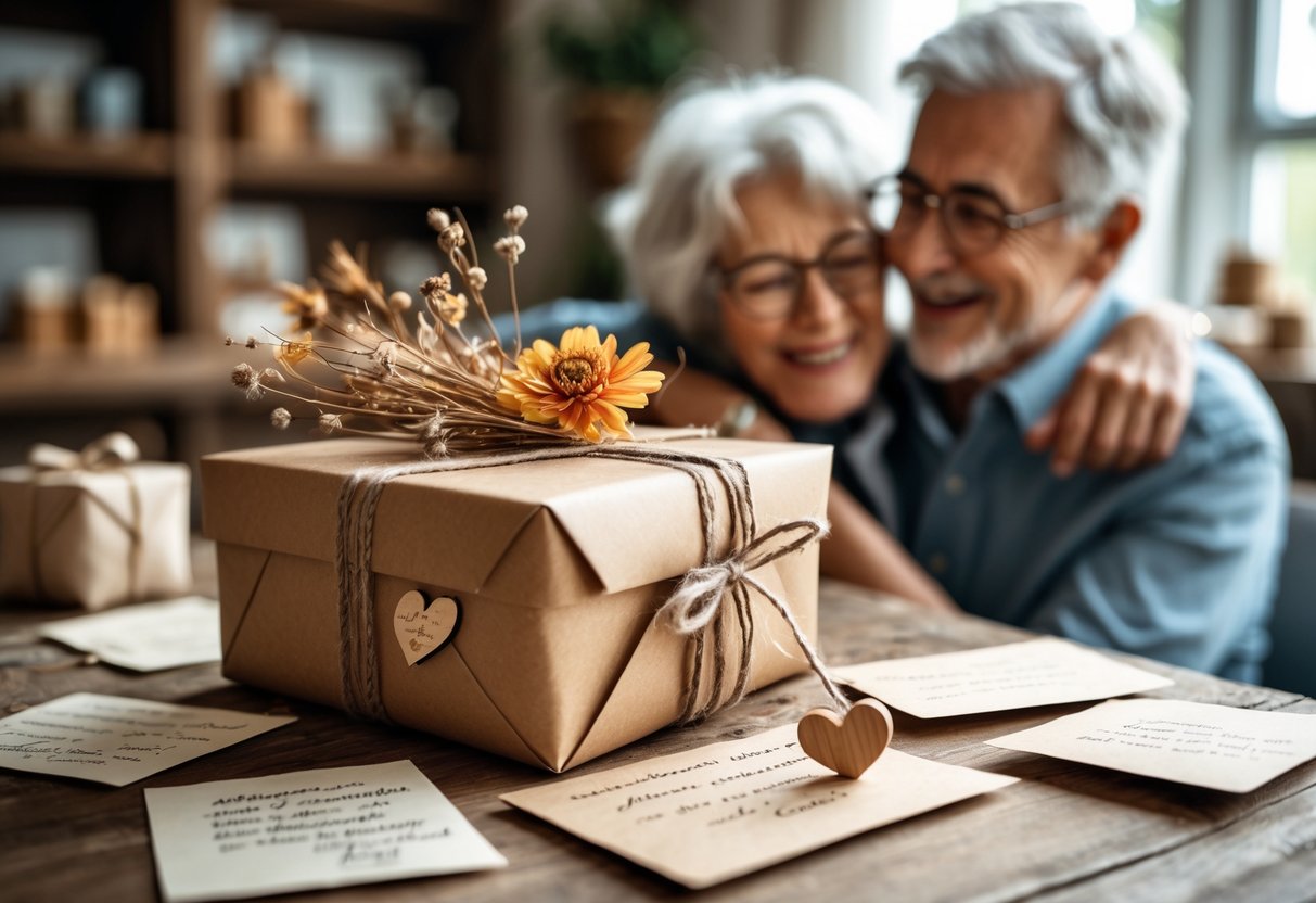 A wrapped gift box with dried flowers and a wooden heart on a wooden table, with a grandmother and grandson smiling together in the background.