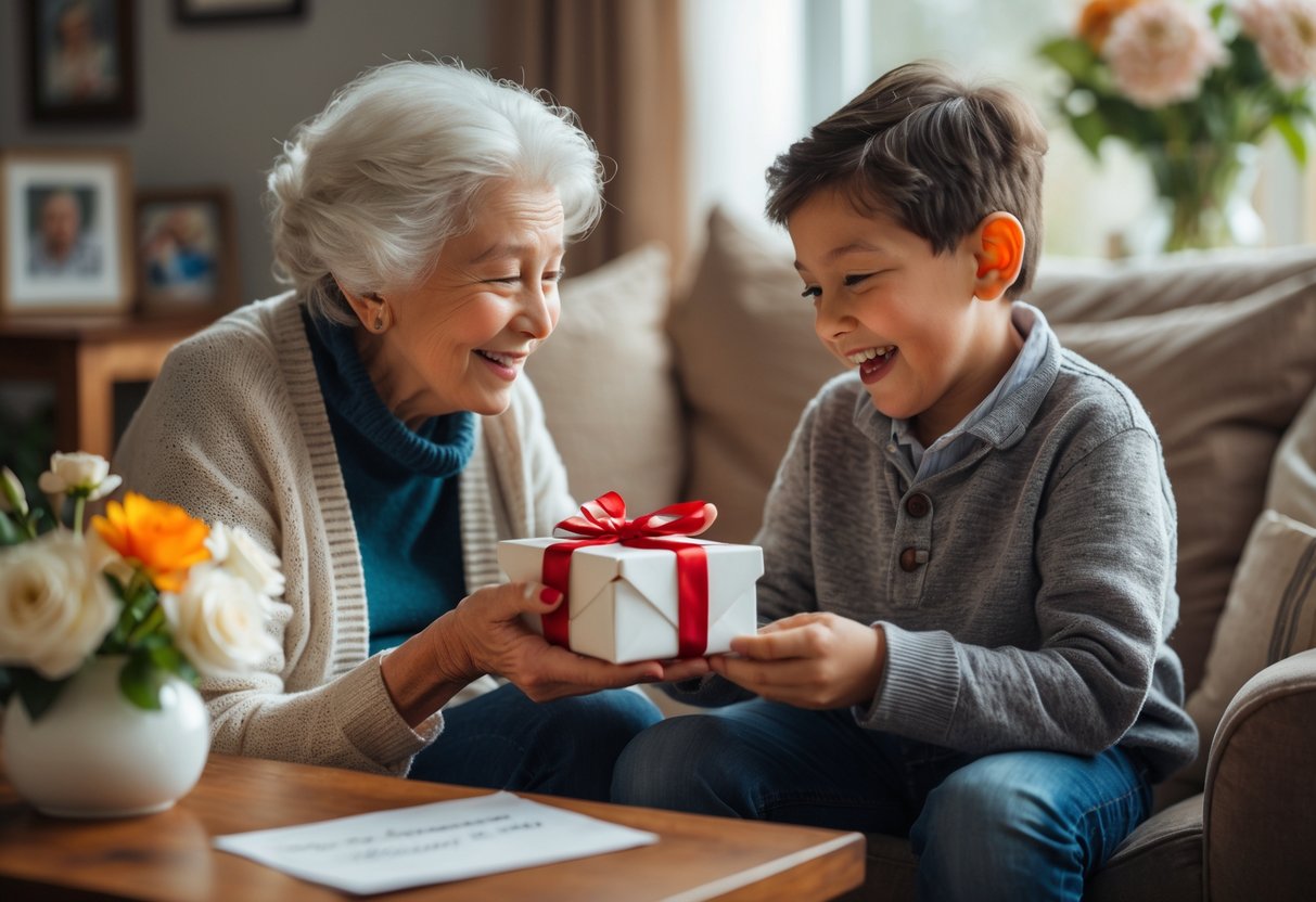 A grandmother giving a wrapped gift to her smiling grandson in a cozy living room.