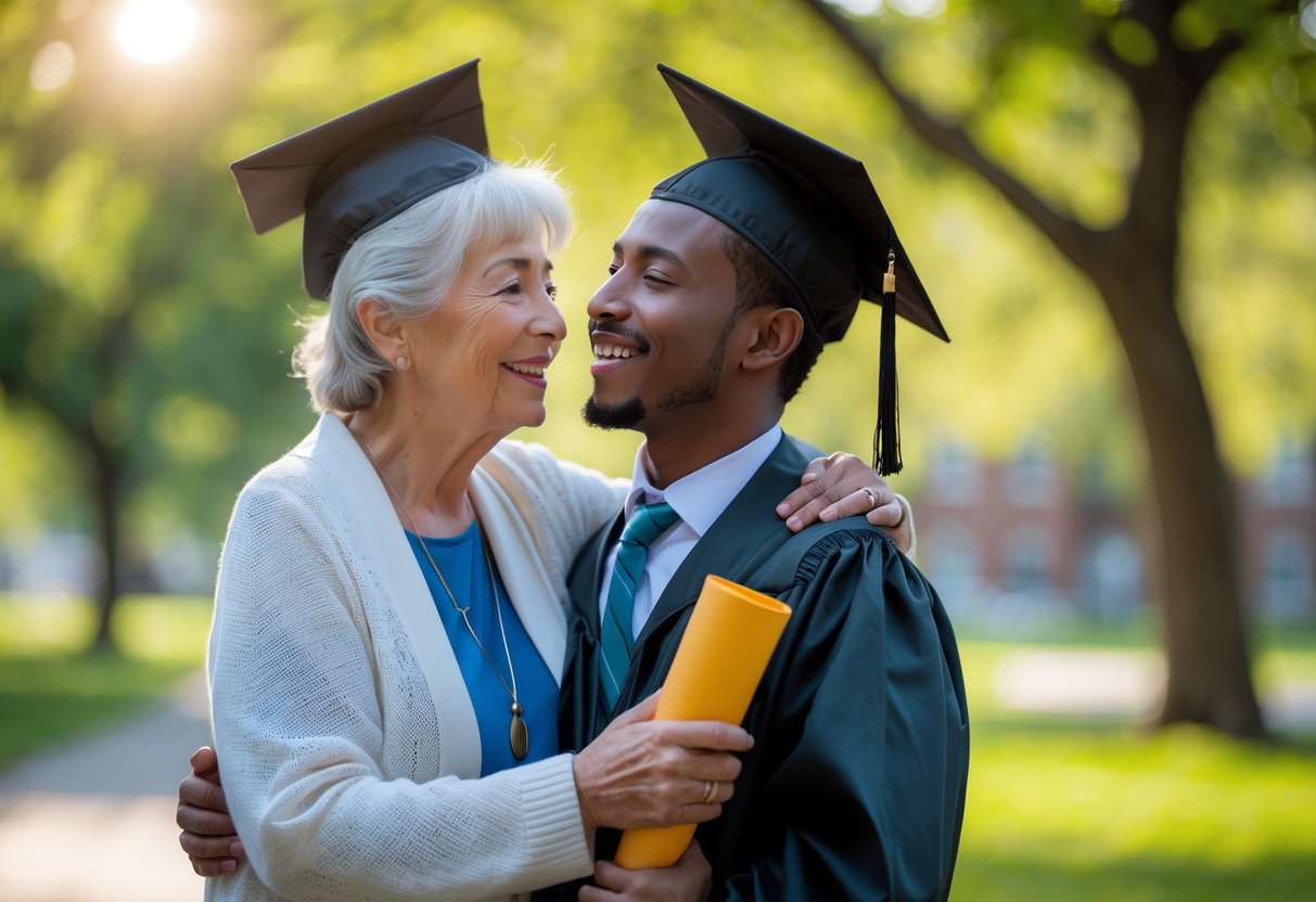A grandmother warmly hugging her grandson who is wearing a graduation cap and gown, outdoors in a park on a sunny day.