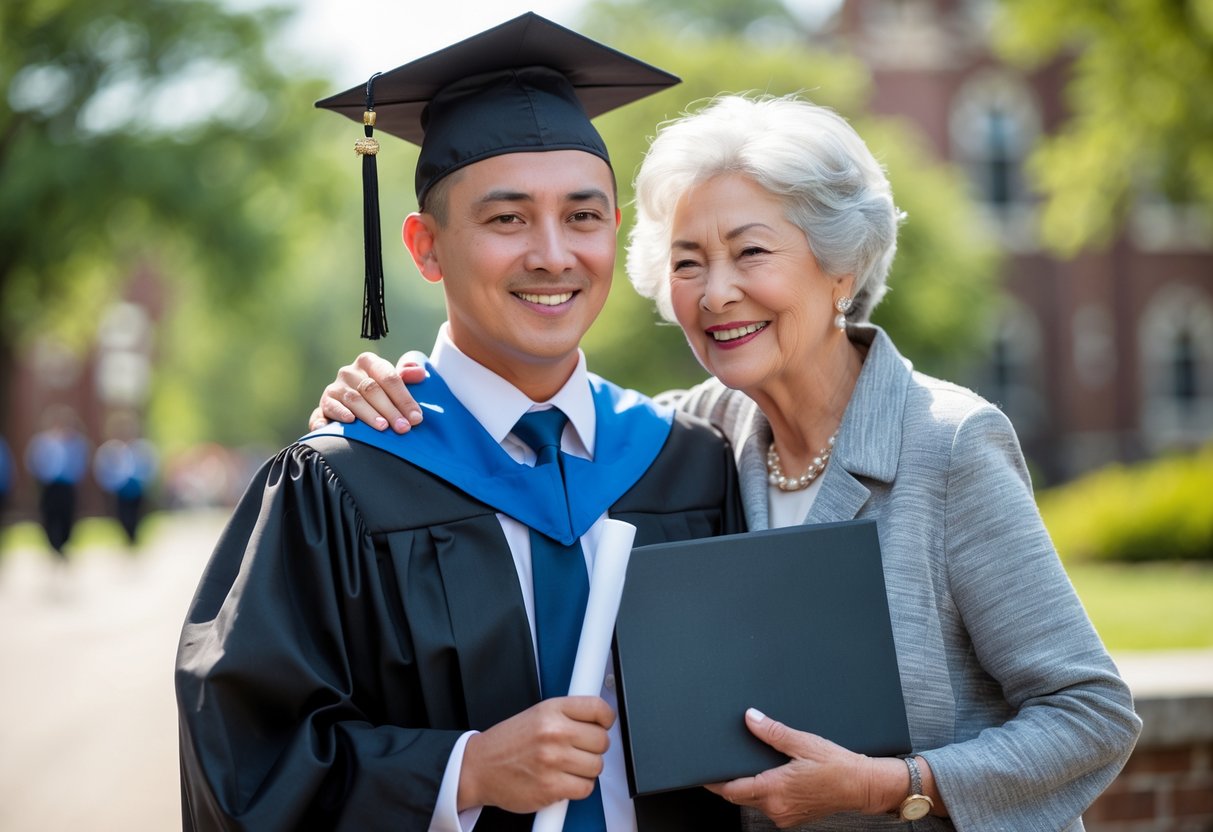 Grandmother and grandson standing together outdoors on his graduation day, the grandson in cap and gown holding a diploma, both smiling warmly.