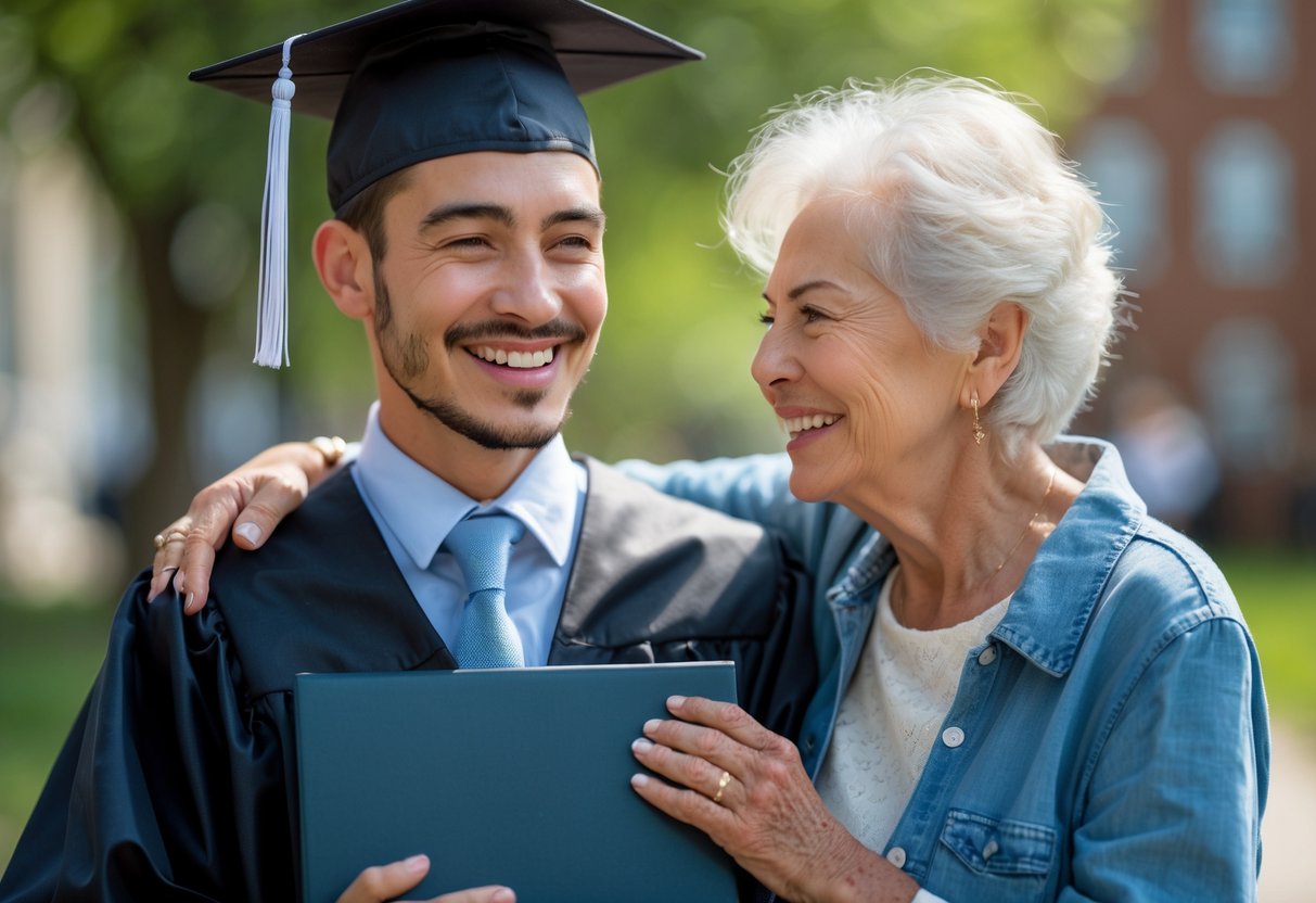 A grandmother and her grandson in graduation attire smiling together outdoors, celebrating his graduation.