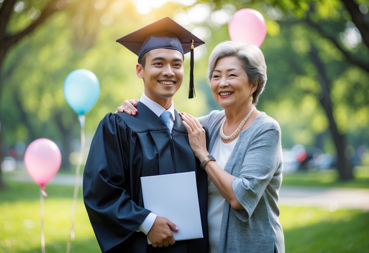 Grandmother and grandson outdoors celebrating his graduation with the grandson in cap and gown holding a diploma, both smiling happily.