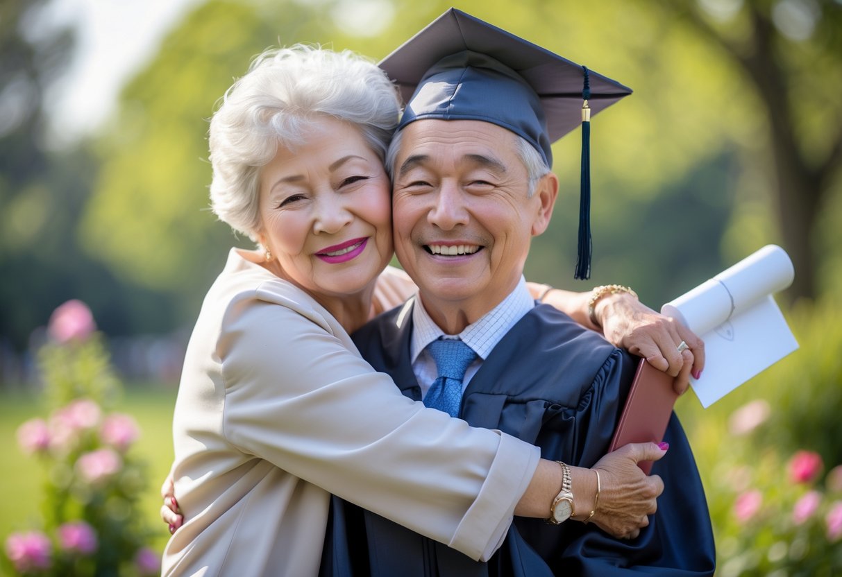 A grandmother warmly embracing her grandson who is wearing a graduation cap and gown, both smiling outdoors in a garden setting.