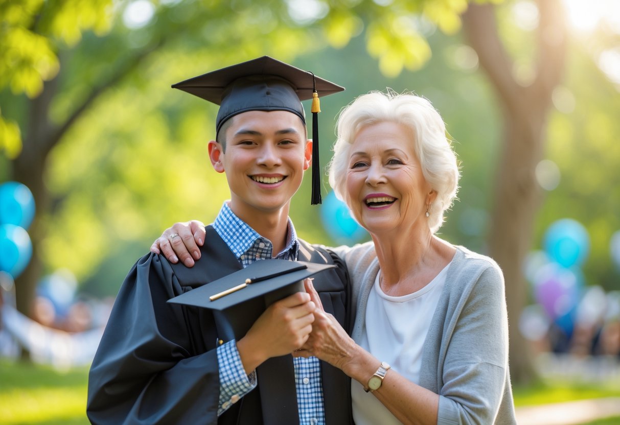 Grandmother and grandson smiling together outdoors on his graduation day, with the grandson wearing a cap and gown and holding a diploma.