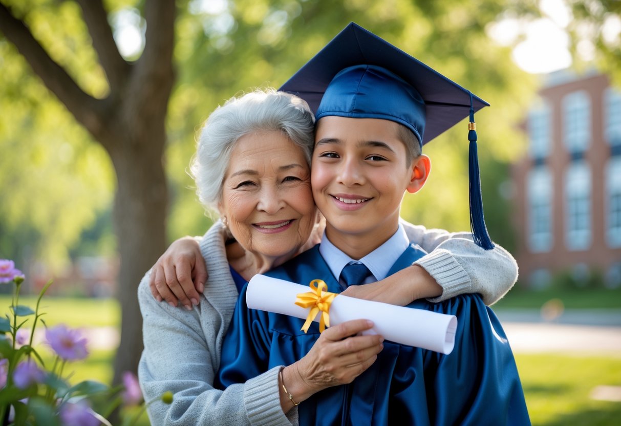 An elderly grandmother warmly embracing her teenage grandson dressed in a graduation cap and gown outdoors in a park.