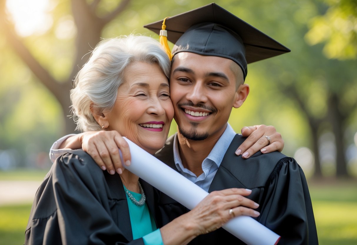 A grandmother warmly embracing her grandson dressed in graduation attire outdoors, both smiling joyfully.