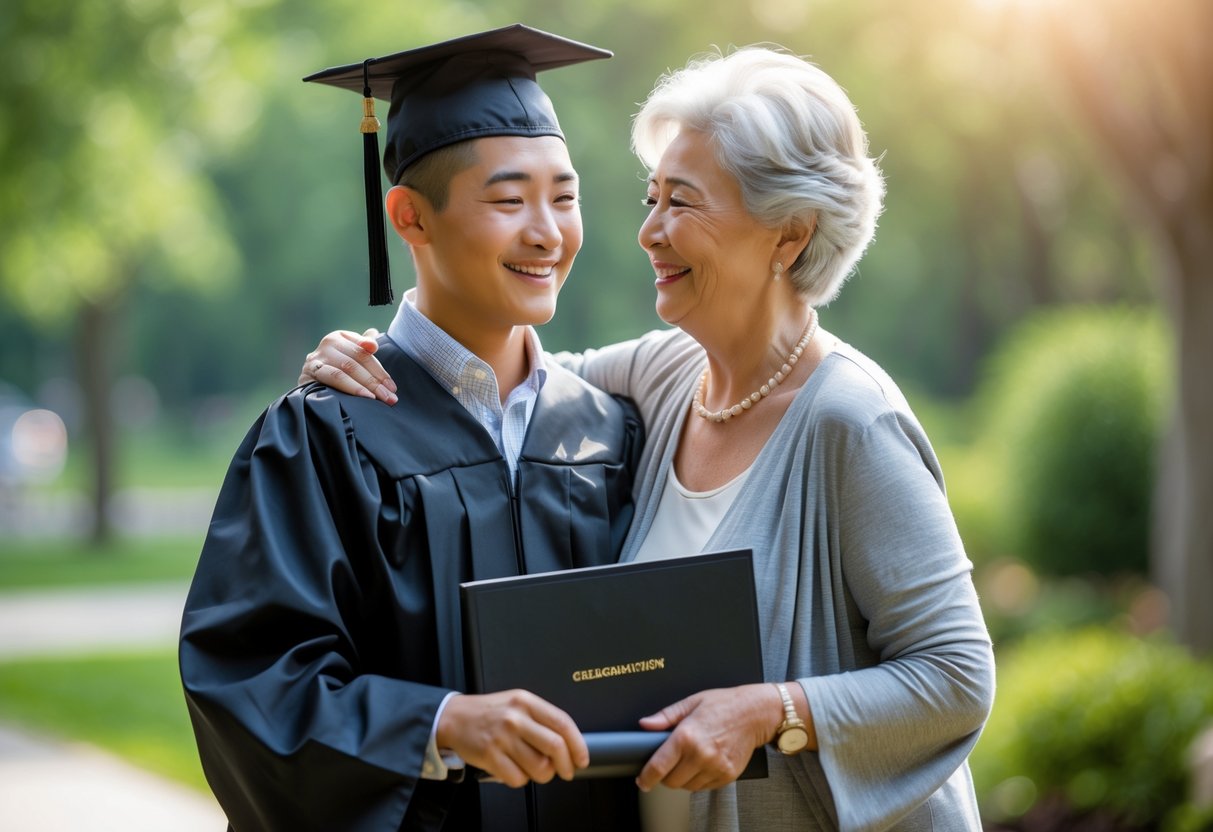 A grandmother embraces her grandson who is wearing a graduation cap and gown, both smiling outdoors on his graduation day.
