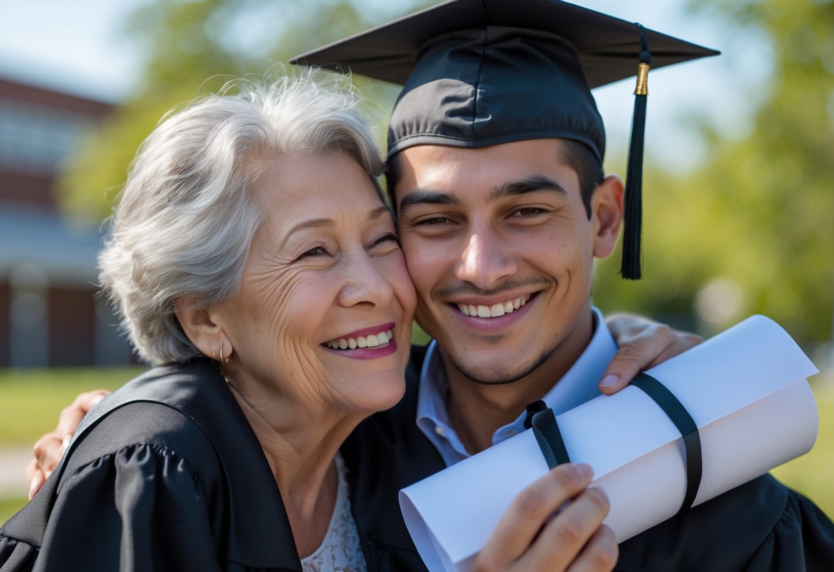 Grandmother and grandson embracing outdoors on graduation day, the grandson wearing a cap and gown and holding a diploma.