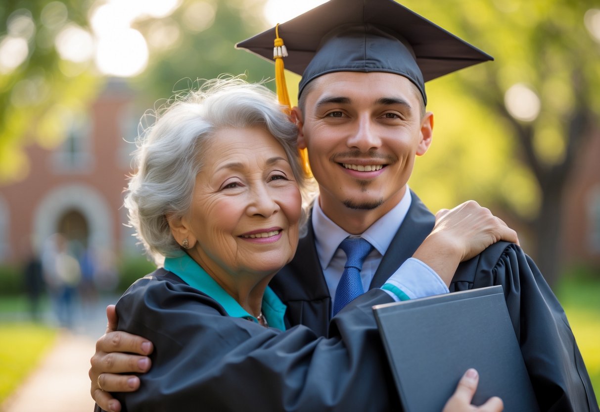 Grandmother hugging her grandson who is wearing a graduation cap and gown outdoors on a sunny day.