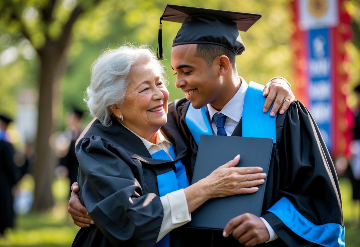 A grandmother warmly embracing her grandson dressed in graduation attire outdoors, both smiling happily.
