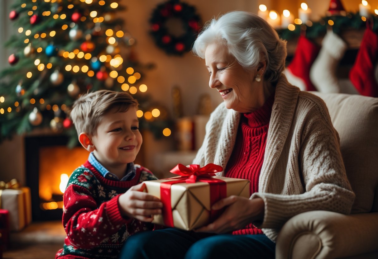 Grandmother giving a wrapped Christmas gift to her smiling young grandson in a cozy living room decorated for Christmas.