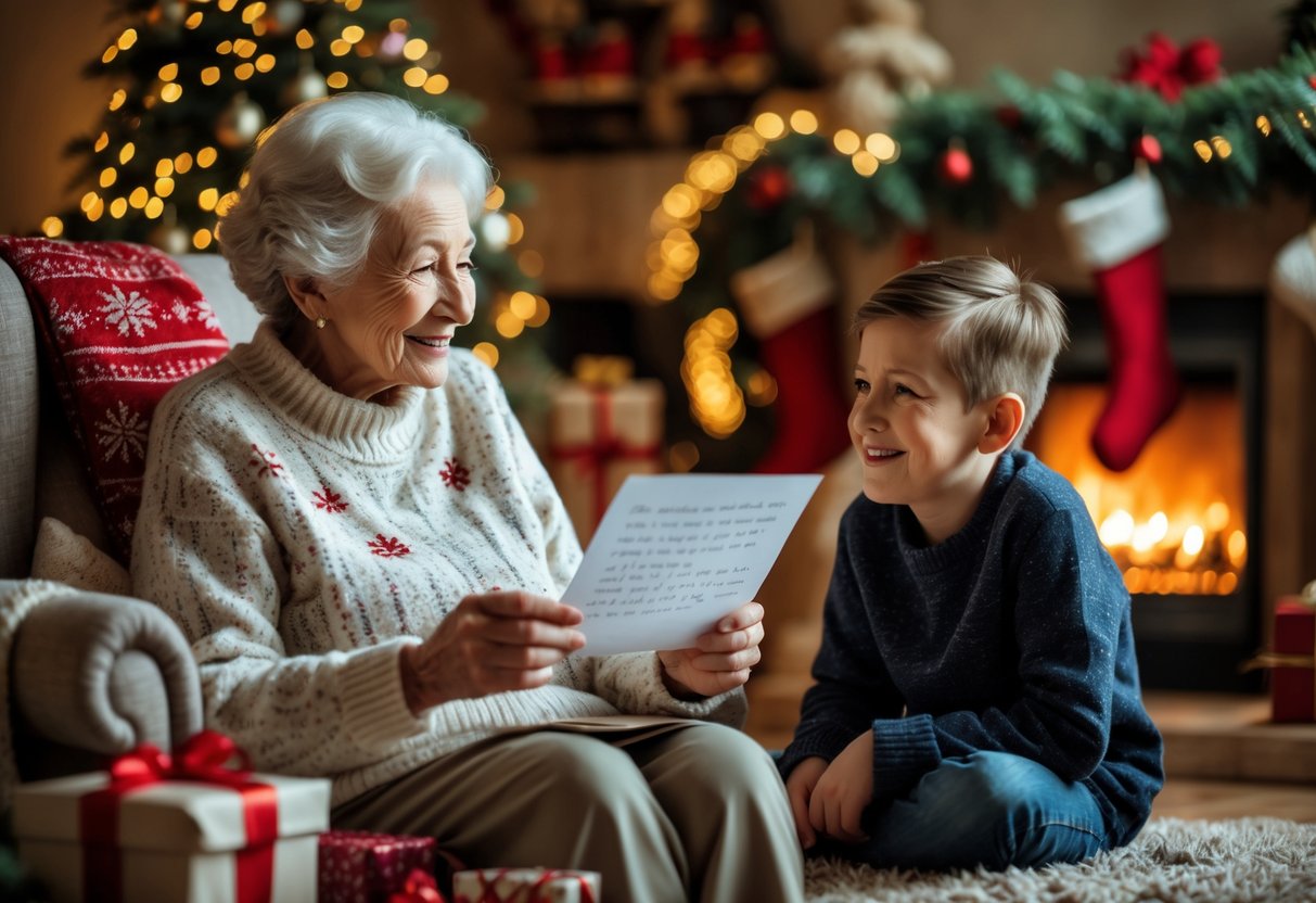 An elderly grandmother and her young grandson sharing a warm moment in a cozy Christmas-decorated living room.