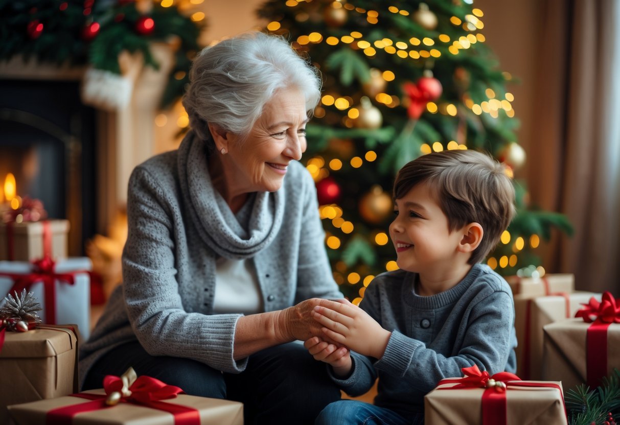A grandmother and her grandson sitting together by a decorated Christmas tree, smiling and holding hands in a cozy room with holiday decorations.