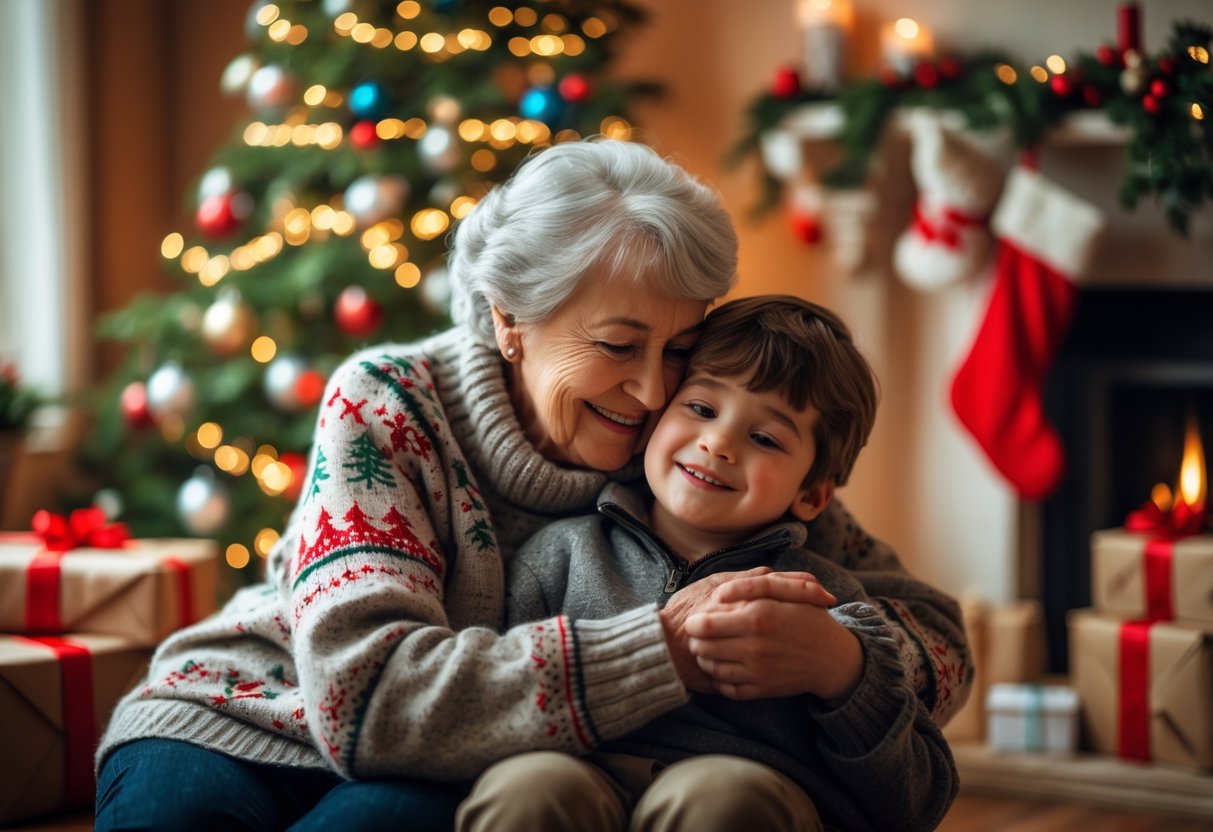 A grandmother warmly embracing her grandson near a decorated Christmas tree inside a cozy room.