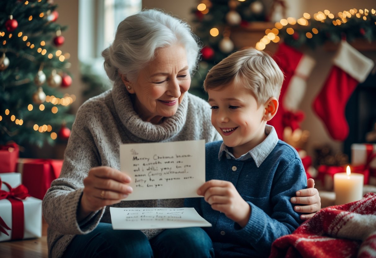 A grandmother and her young grandson sharing a warm moment by a decorated Christmas tree, with the grandmother showing him a Christmas card.