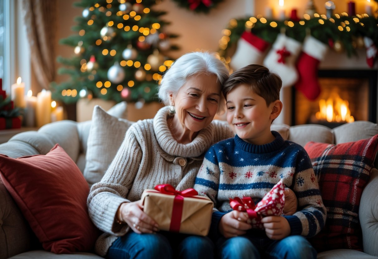 Grandmother and grandson sharing a warm moment together in a cozy living room decorated for Christmas.