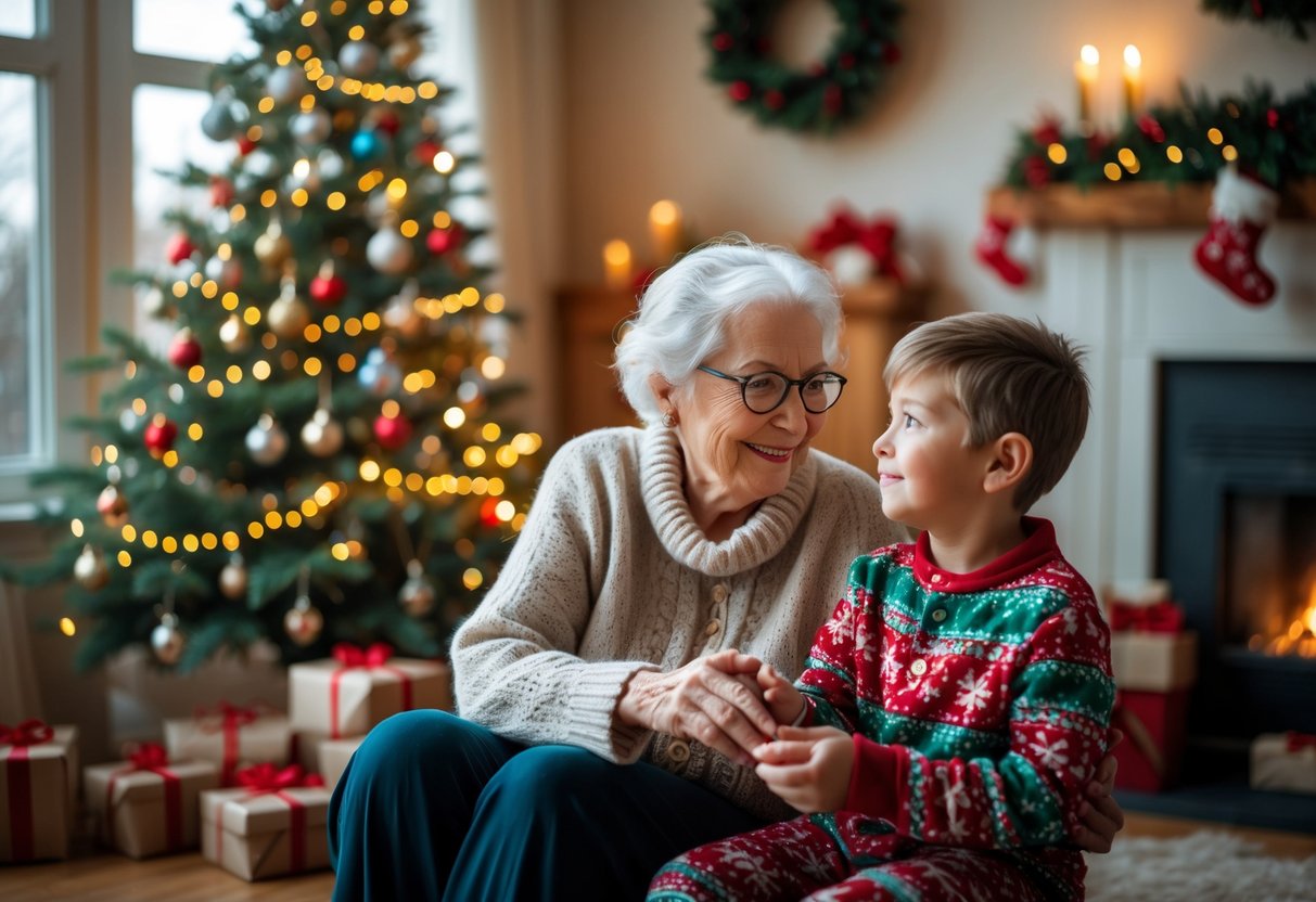 An elderly grandmother and her young grandson sitting together near a decorated Christmas tree, sharing a warm and loving moment indoors.