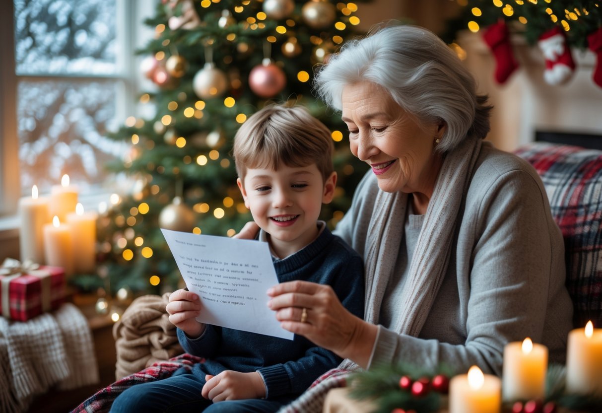 A grandmother and her young grandson share a warm moment near a decorated Christmas tree in a cozy room.