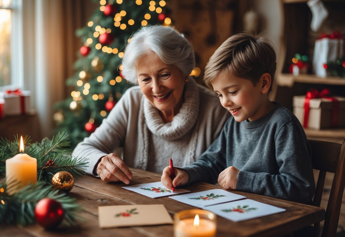 Grandmother and grandson sitting at a table together, choosing and writing Christmas cards surrounded by festive decorations and a Christmas tree.