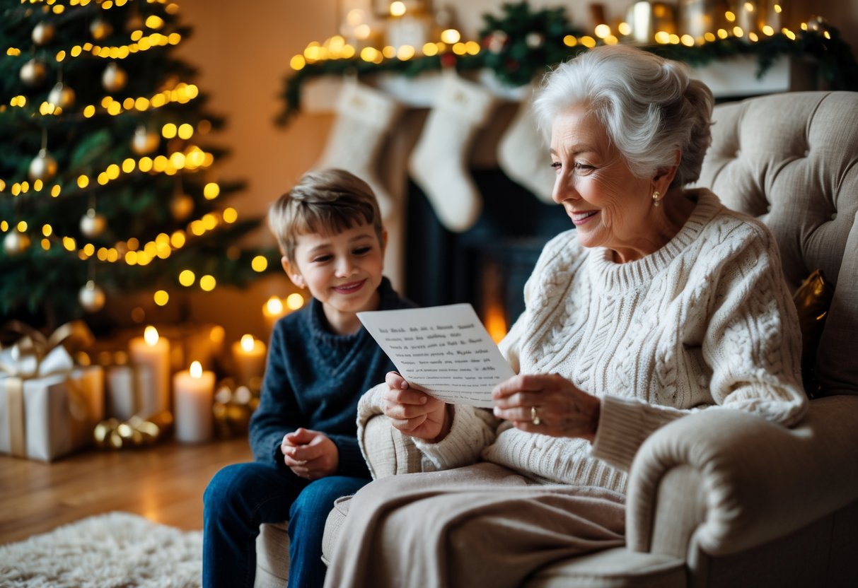 An elderly grandmother and her young grandson sharing a warm moment in a Christmas-decorated living room, with a Christmas tree and fireplace in the background.