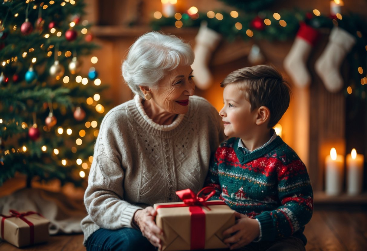 Grandmother and grandson sitting together near a decorated Christmas tree, sharing a warm moment during the holiday season.