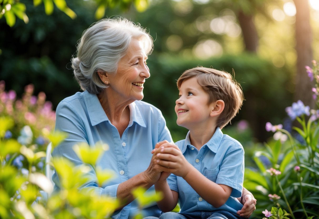 An elderly grandmother and her young grandson holding hands and smiling at each other outdoors in a sunny garden.