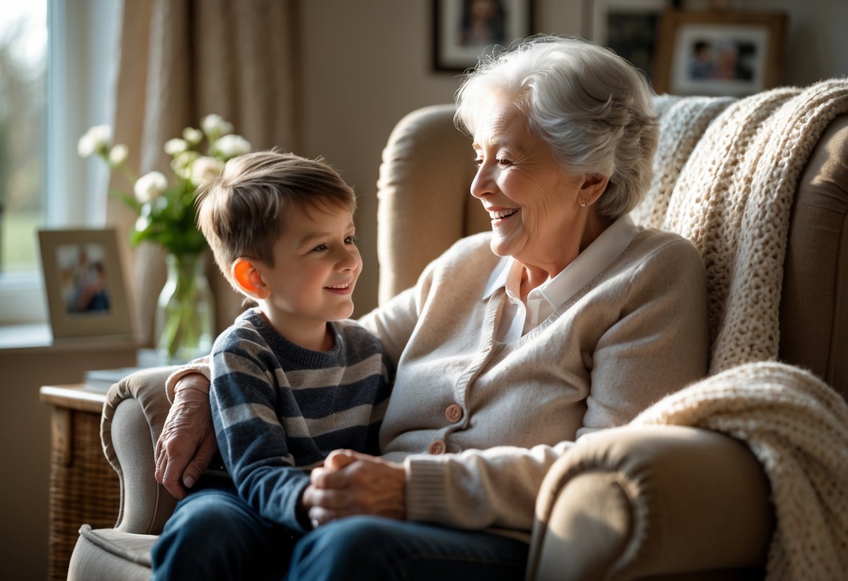 A grandmother and her young grandson sharing a joyful moment together in a cozy living room, smiling warmly at each other.