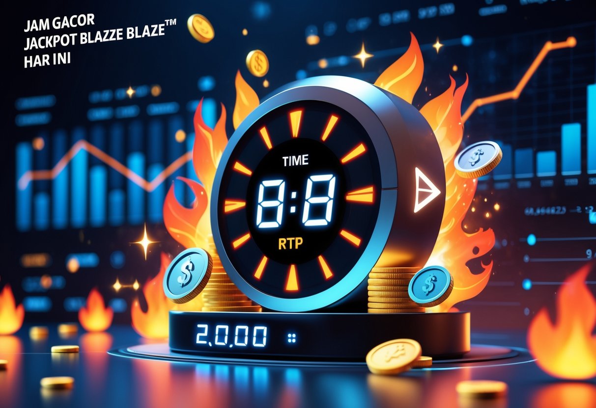 Ilustrasi jam digital dengan simbol jackpot dan grafik statistik di latar belakang yang menunjukkan waktu terbaik untuk jackpot hari ini.