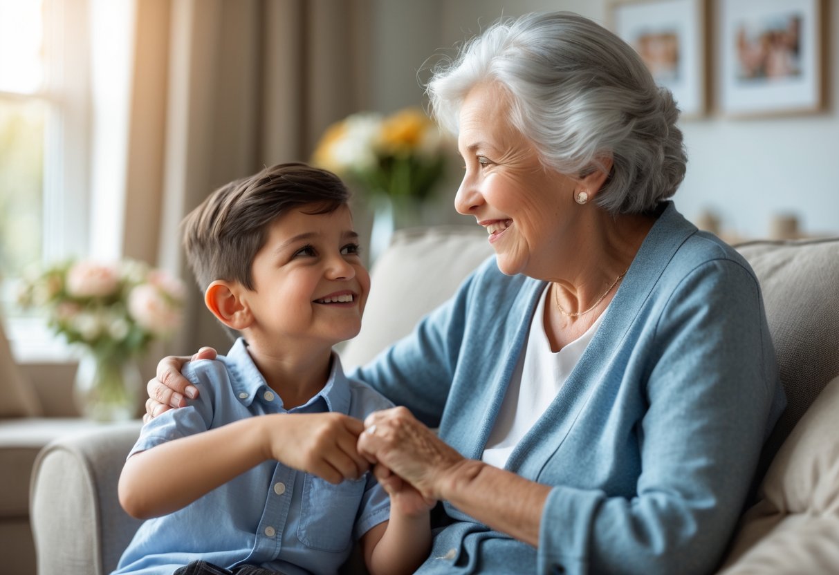 A grandmother and her young grandson sitting together, holding hands and smiling warmly at each other in a cozy living room.