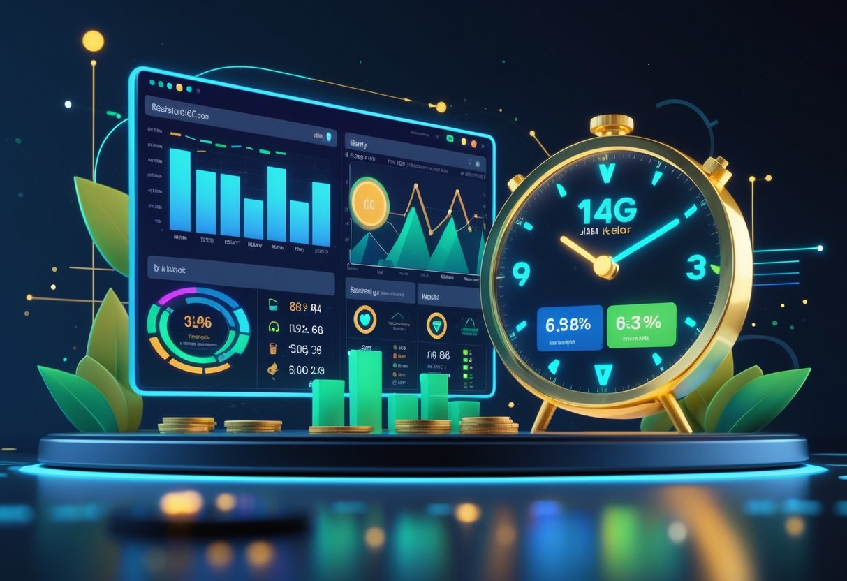 Ilustrasi antarmuka modern dengan grafik dan jam yang menampilkan waktu terbaik berdasarkan statistik RTP untuk jackpot.