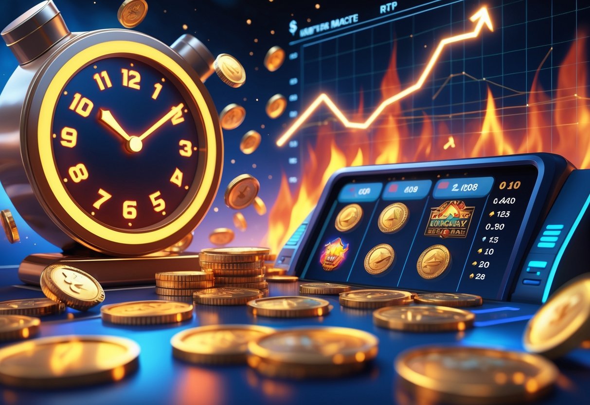 Ilustrasi mesin slot Jackpot Blaze dengan jam digital yang menyoroti waktu bermain optimal, koin emas berkilau, dan grafik statistik RTP di latar belakang.