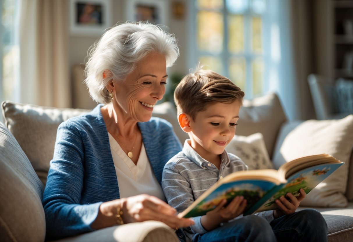 A grandmother reading a storybook to her young grandson in a cozy living room, both smiling and sharing a warm moment together.
