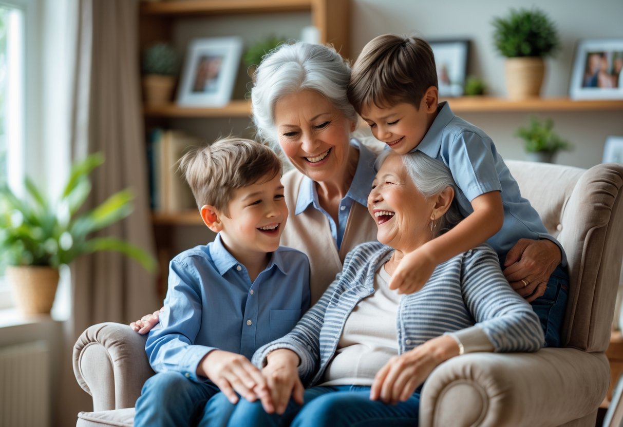 A grandmother sitting with her two grandsons, all smiling and sharing a warm, happy moment together in a cozy living room.