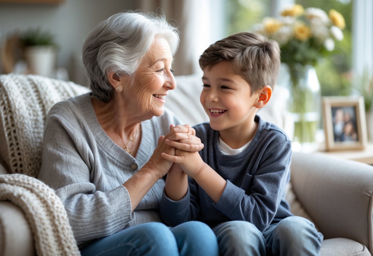 A grandmother and her young grandson sitting closely together on a sofa, holding hands and smiling warmly at each other.