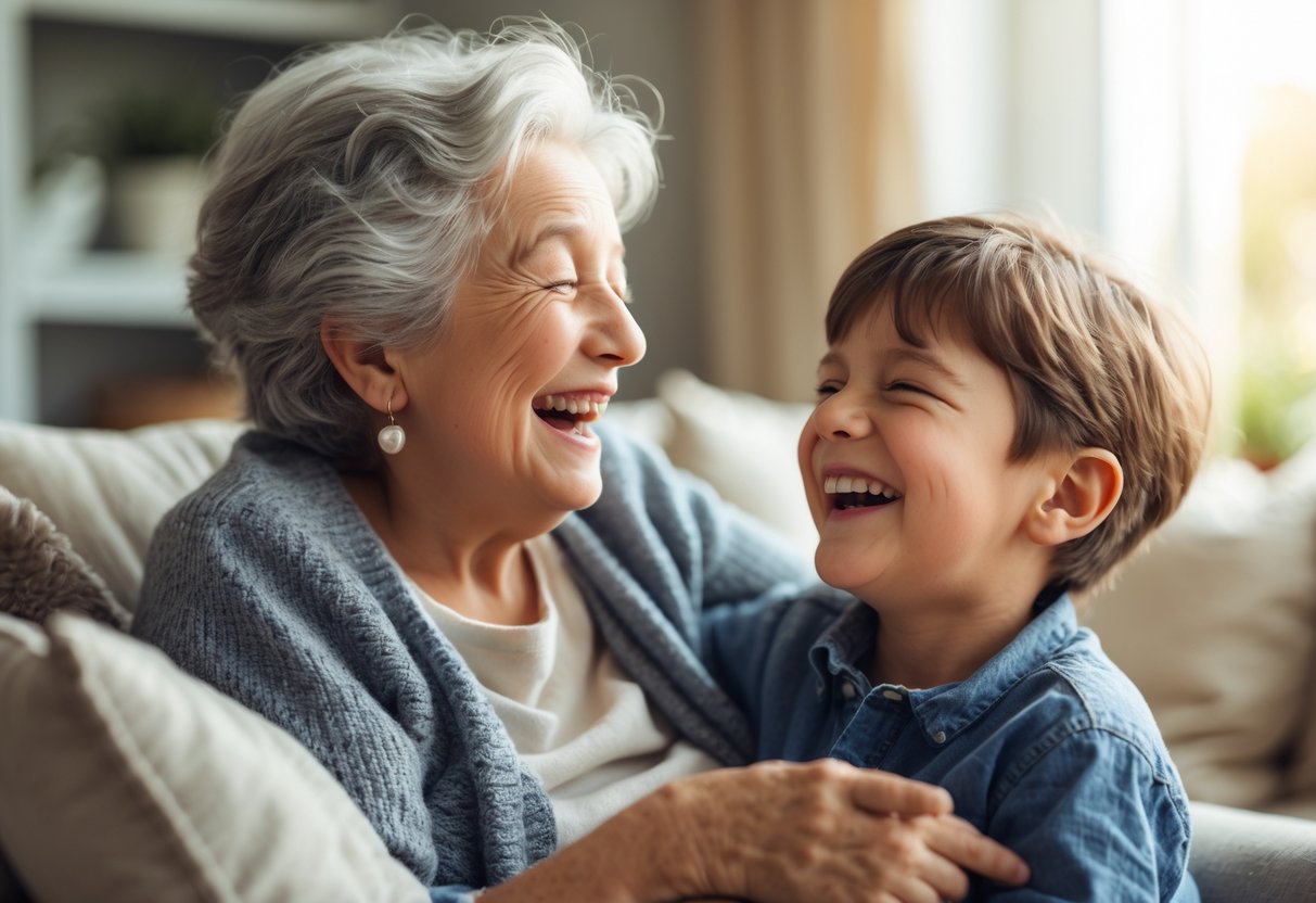 A grandmother and her young grandson laughing together in a cozy living room, sharing a joyful and affectionate moment.