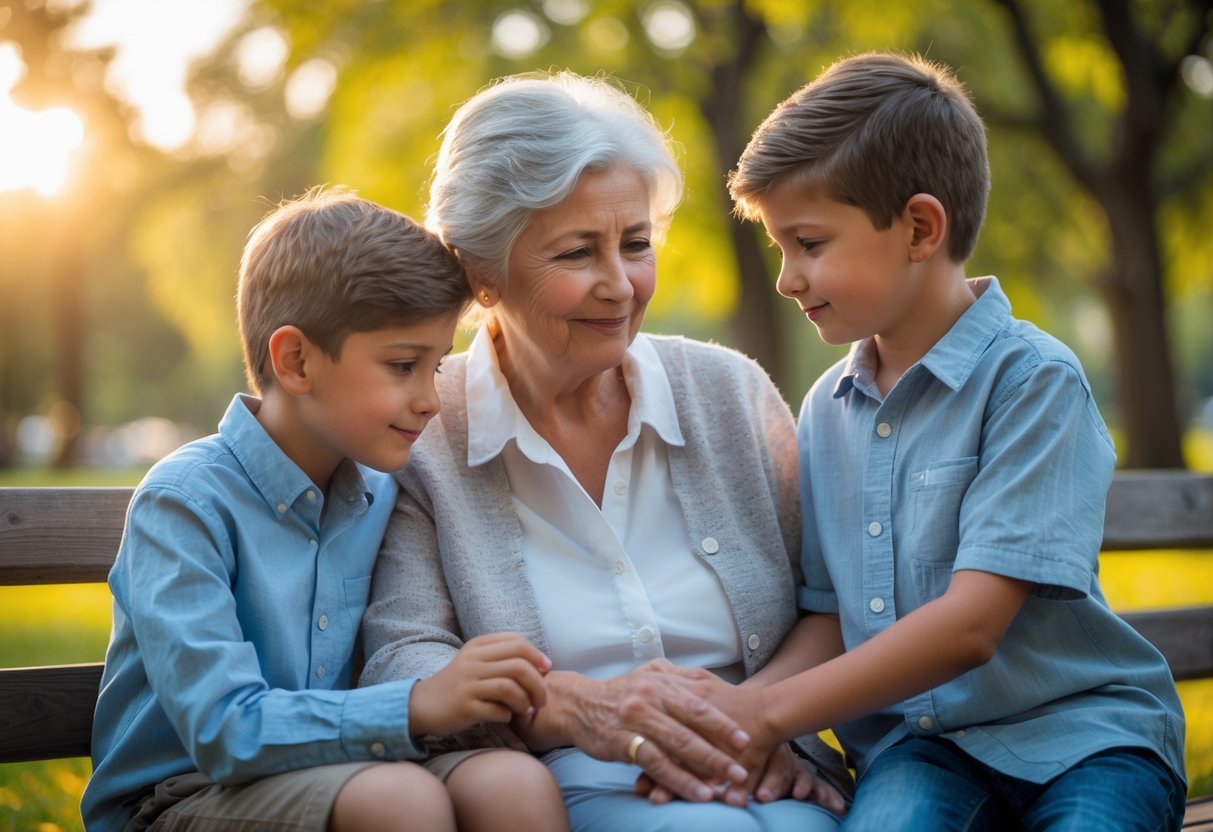 A grandmother sitting on a park bench with her two young grandsons, sharing a warm and supportive moment outdoors.
