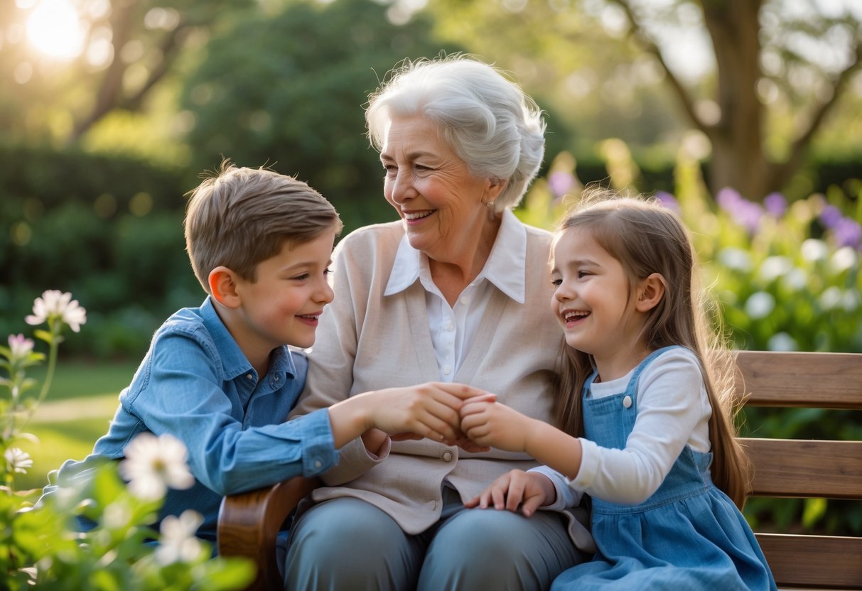 An elderly grandmother sitting on a bench outdoors with her young grandson and granddaughter, all smiling and enjoying time together in a garden.