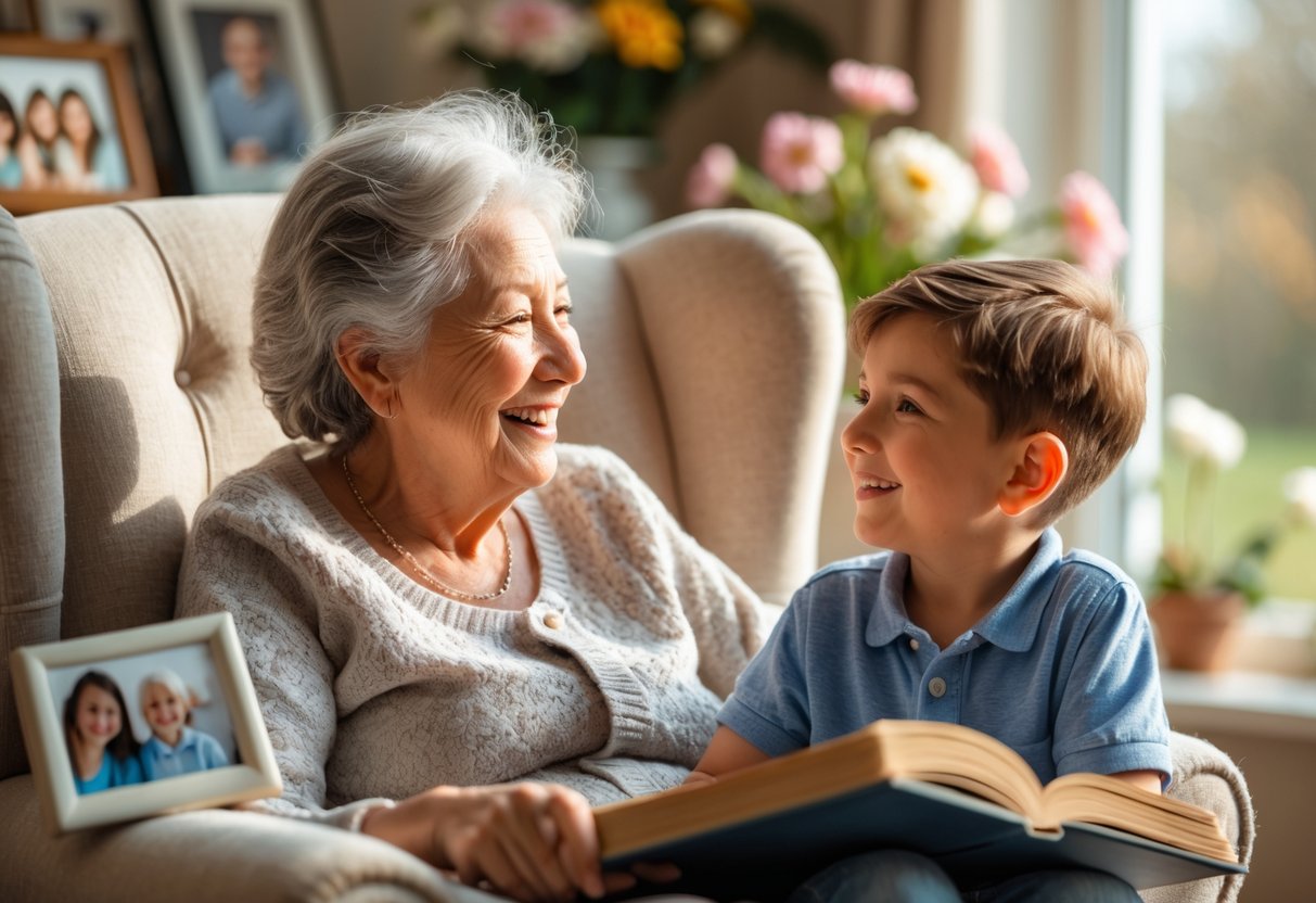 A grandmother and her young grandson sharing a loving moment together in a cozy living room, looking at a photo album.