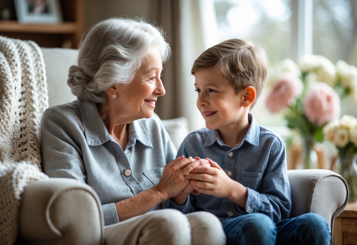 A grandmother and her young grandson sitting together, holding hands and sharing a warm, loving moment in a cozy living room.