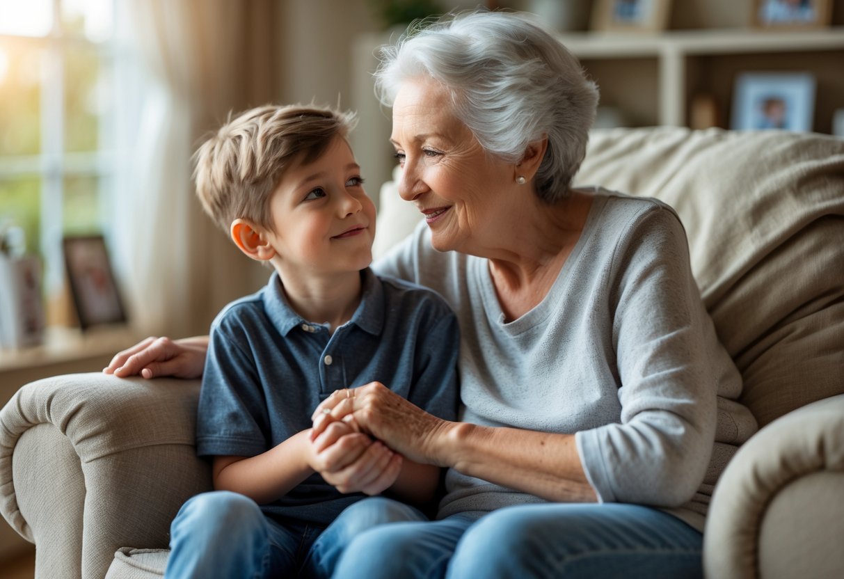 An elderly grandmother and her young grandson sitting closely together in a cozy living room, sharing a loving and affectionate moment.