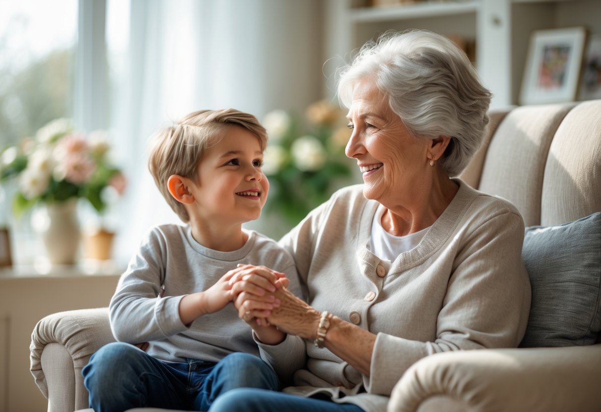A grandmother holding her young grandson's hands and smiling warmly at him in a cozy living room.