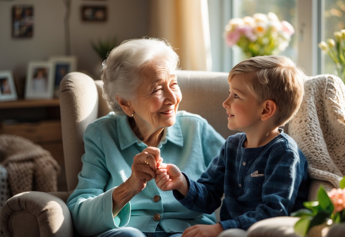 An elderly grandmother and her young grandson sharing a tender moment in a cozy living room.