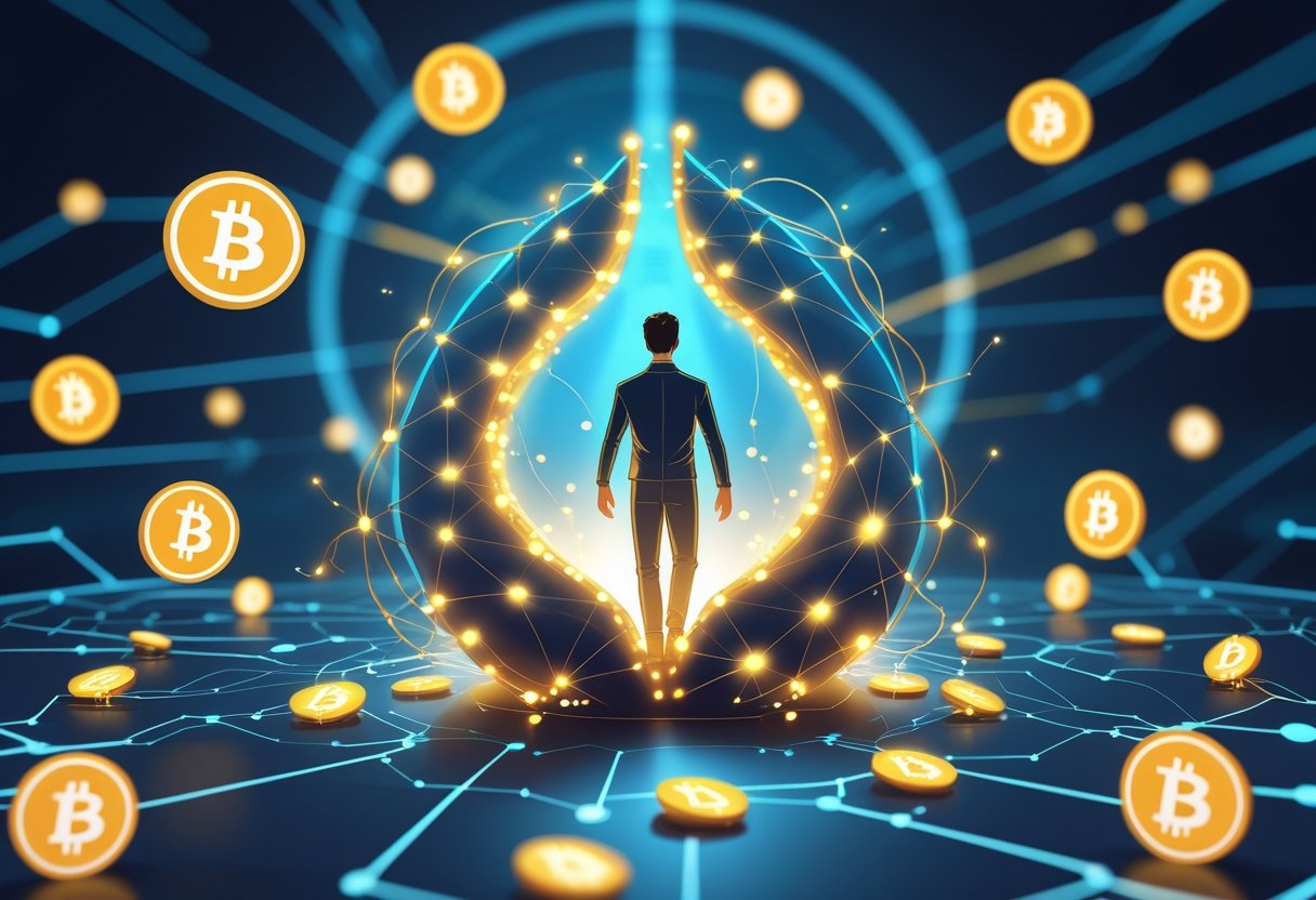 A person emerging from a glowing digital cocoon surrounded by floating Bitcoin symbols and abstract cryptocurrency icons in a futuristic digital landscape.