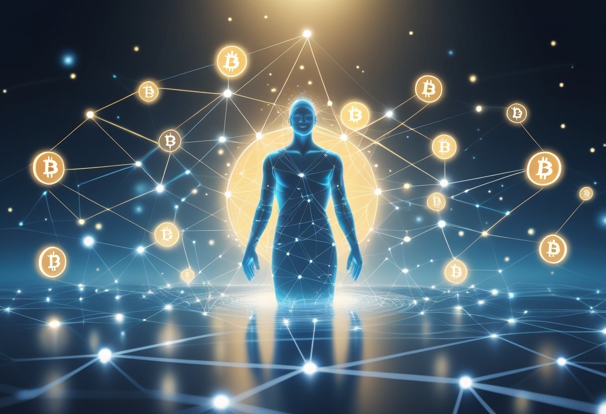 A person emerging from a glowing network of connected nodes and bitcoin symbols, surrounded by light rays symbolizing awakening in the cryptocurrency space.