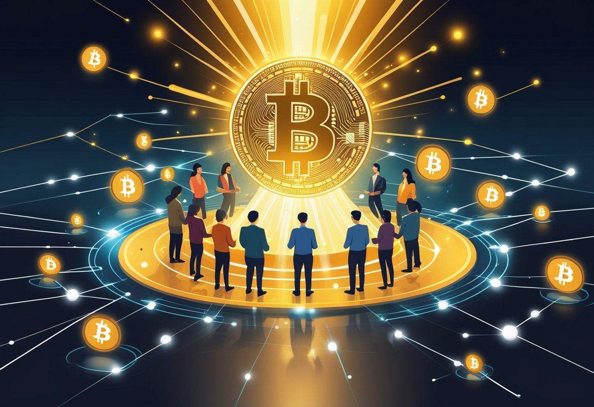 A glowing golden Bitcoin symbol shining light on a diverse group of people surrounded by digital blockchain elements, symbolizing financial awakening.