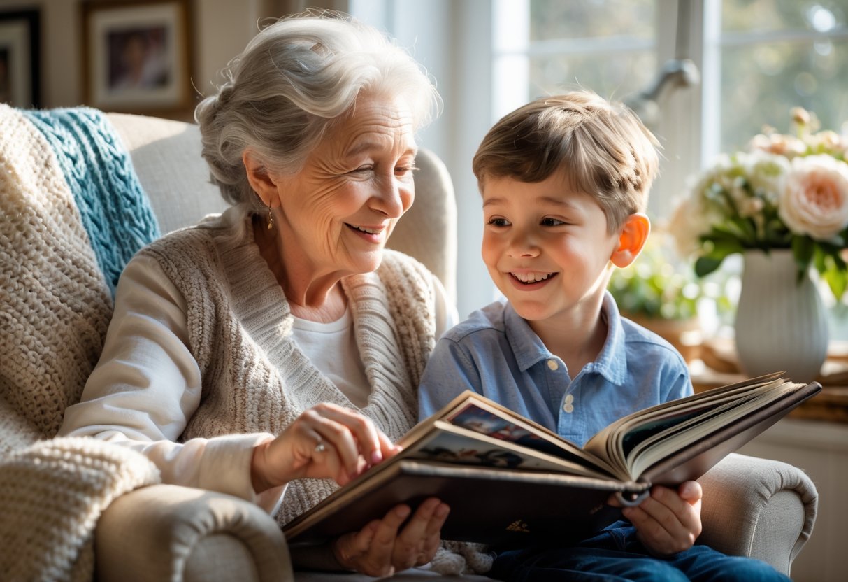 A grandmother and her young grandson sitting together looking at a photo album in a cozy living room, sharing a loving and tender moment.