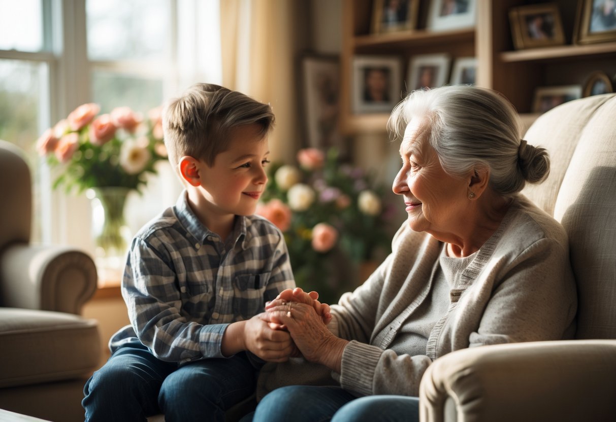 An elderly grandmother holding her young grandson's hands while sitting together in a sunlit living room, sharing a tender moment.